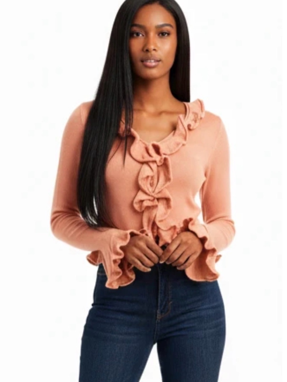 VENUS Pink Ruffled V-Neck Sweater - Picture 2 of 3